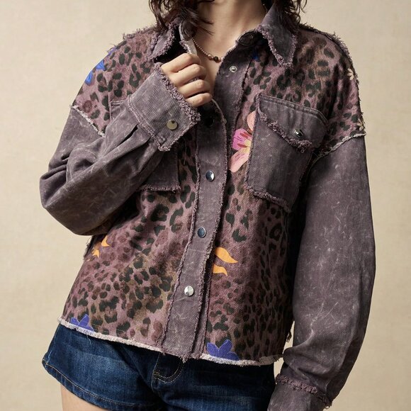 Multicolor Boho Women's Leopard Print Casual Woven Jacket - Picture 4 of 7